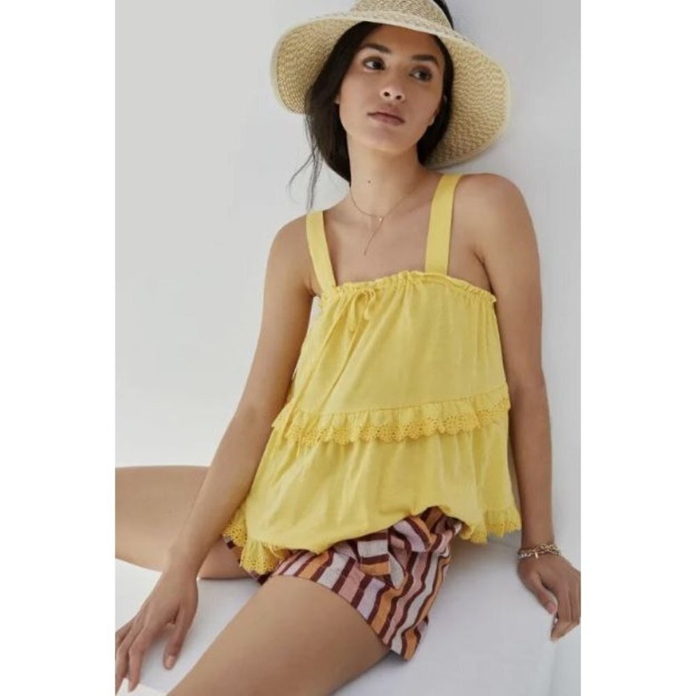 Anthropologie Ingrid Eyelet Tiered Scalloped Lace Yellow Tank Top Small Boho